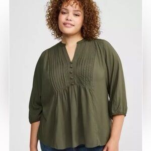 Torrid Pintuck Pleated V-Neck Blouse Olive Green Size 0/L 3/4 Sleeves NEW